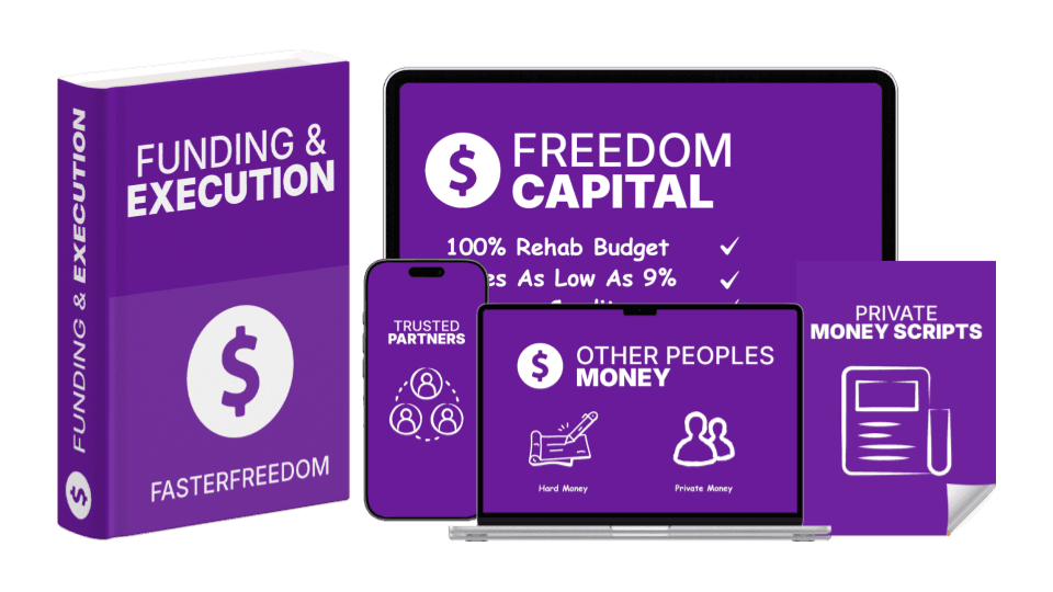 Funding and Execution training shown across a book, phone, laptop, and tablet