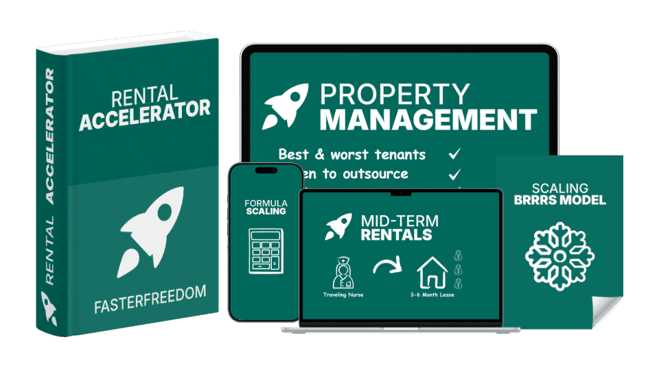 Rental Accelerator training shown across a book, phone, laptop, and tablet
